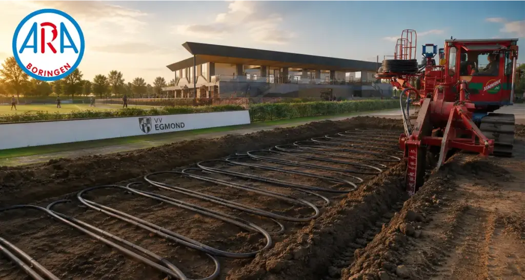 ARA Boringen plaatste 10 horizontale bodemlussen onder het voetbalveld van VV Egmond voor duurzame bodemenergie.